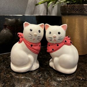 Vintage White Kitty Cat Salt and Pepper Shakers wearing pink hankerchiefs